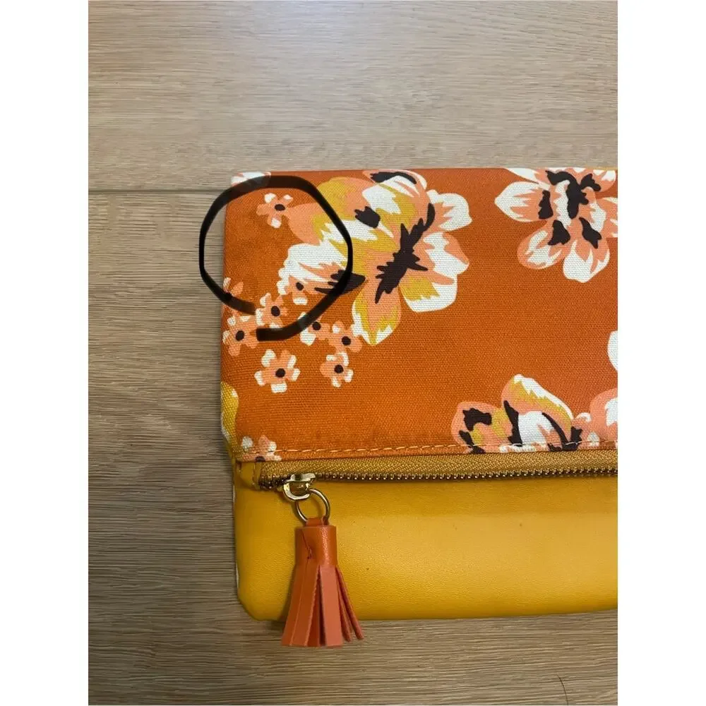 Rachel Rally Floral Fold-Over Clutch Purse Wristlet in Orange and Yellow #0193